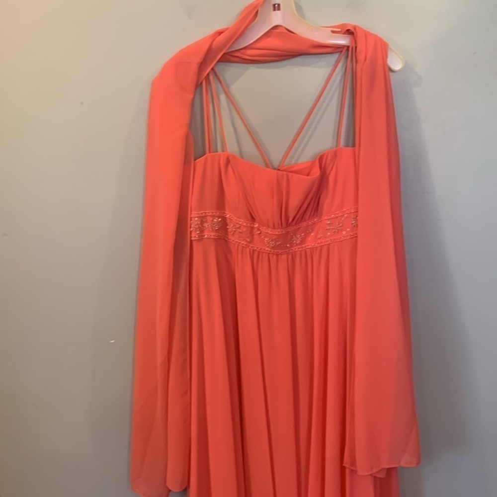 David’s Bridal Coral Spaghetti Strap Gown Dress Matching Scarf Women’s Size 14